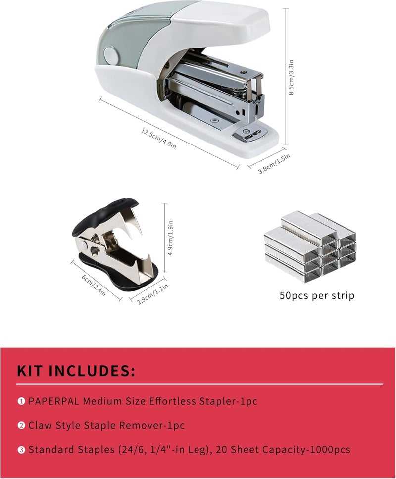 PAPERPAL Effortless Standard Stapler Set, 20 Sheet Capacity, Half Strip with Built-in Staples Storage, Includes 1000 pcs 1/4“ Staples & A Staple Remover, for Office, School & Personal Use, White - Image 2